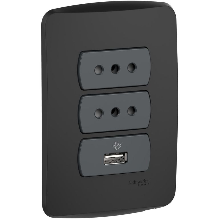 Placa Miluz Armada Doble Tomacorriente + 1 USB Grafito para uso eléctrico